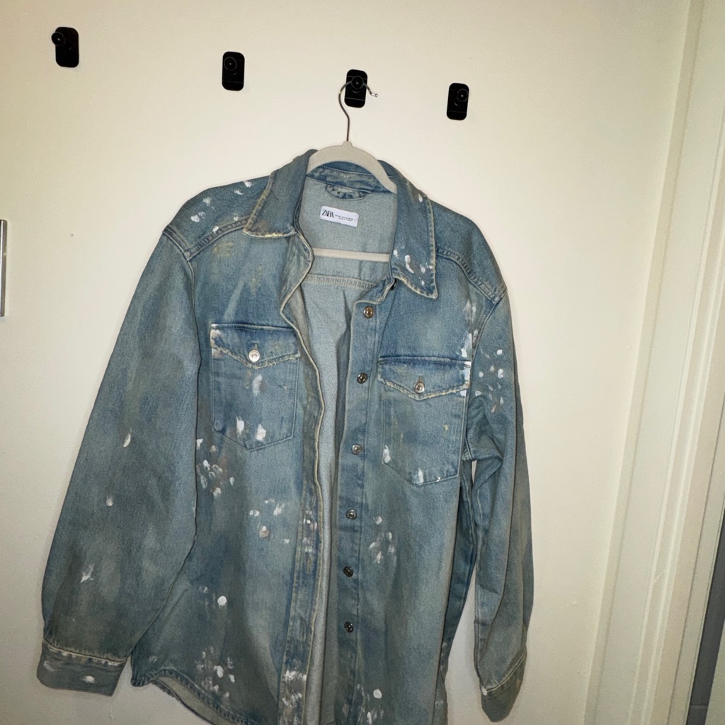 Zara Light Blue Denim Jacket With Artistic Accents